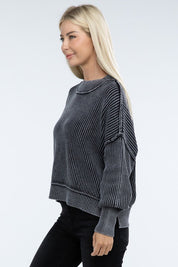 Washed Side Slit Oversized Cropped Cotton Sweater Tops