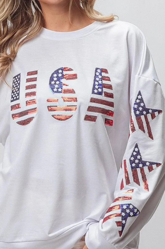BiBi American Flag USA and Star Sequin Sweatshirt - DAVERRI FASHIONS