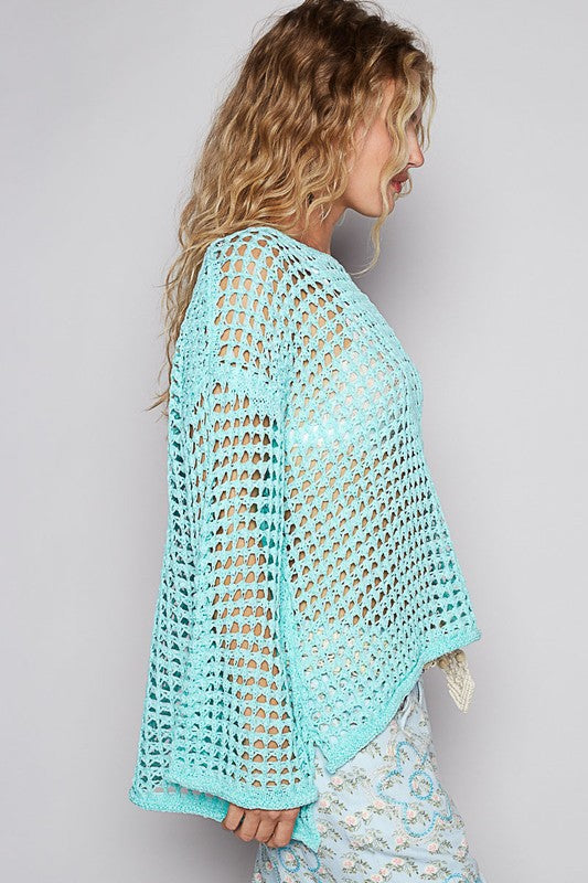 POL Side Slit Openwork Long Sleeve Knit Cover Up Cover-Ups