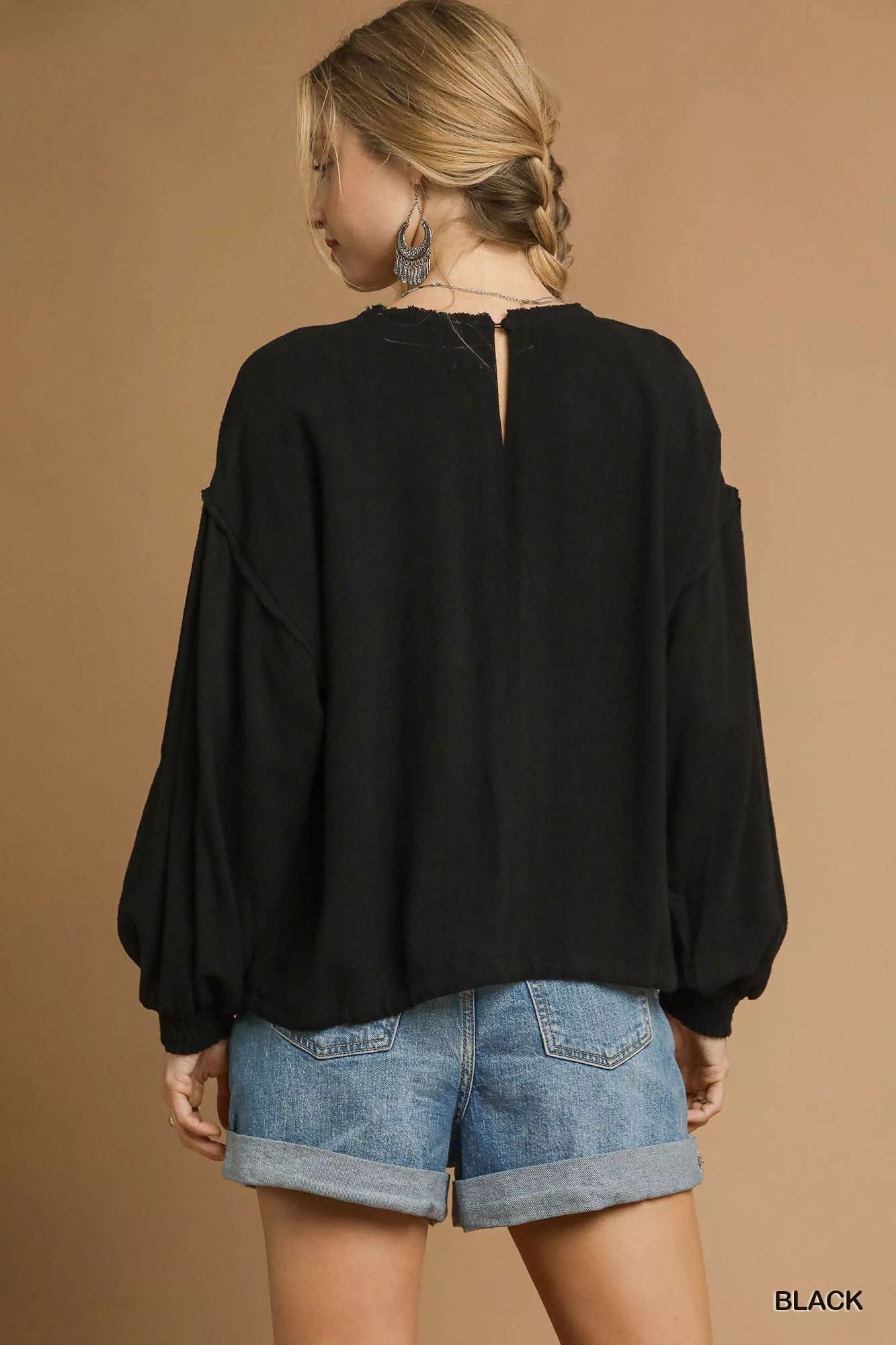 Umgee Full Size Linen Long Sleeve Top with Drawstring Plus Size | Blouses Daverri Fashions