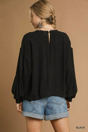 Umgee Full Size Linen Long Sleeve Top with Drawstring Plus Size | Blouses Daverri Fashions