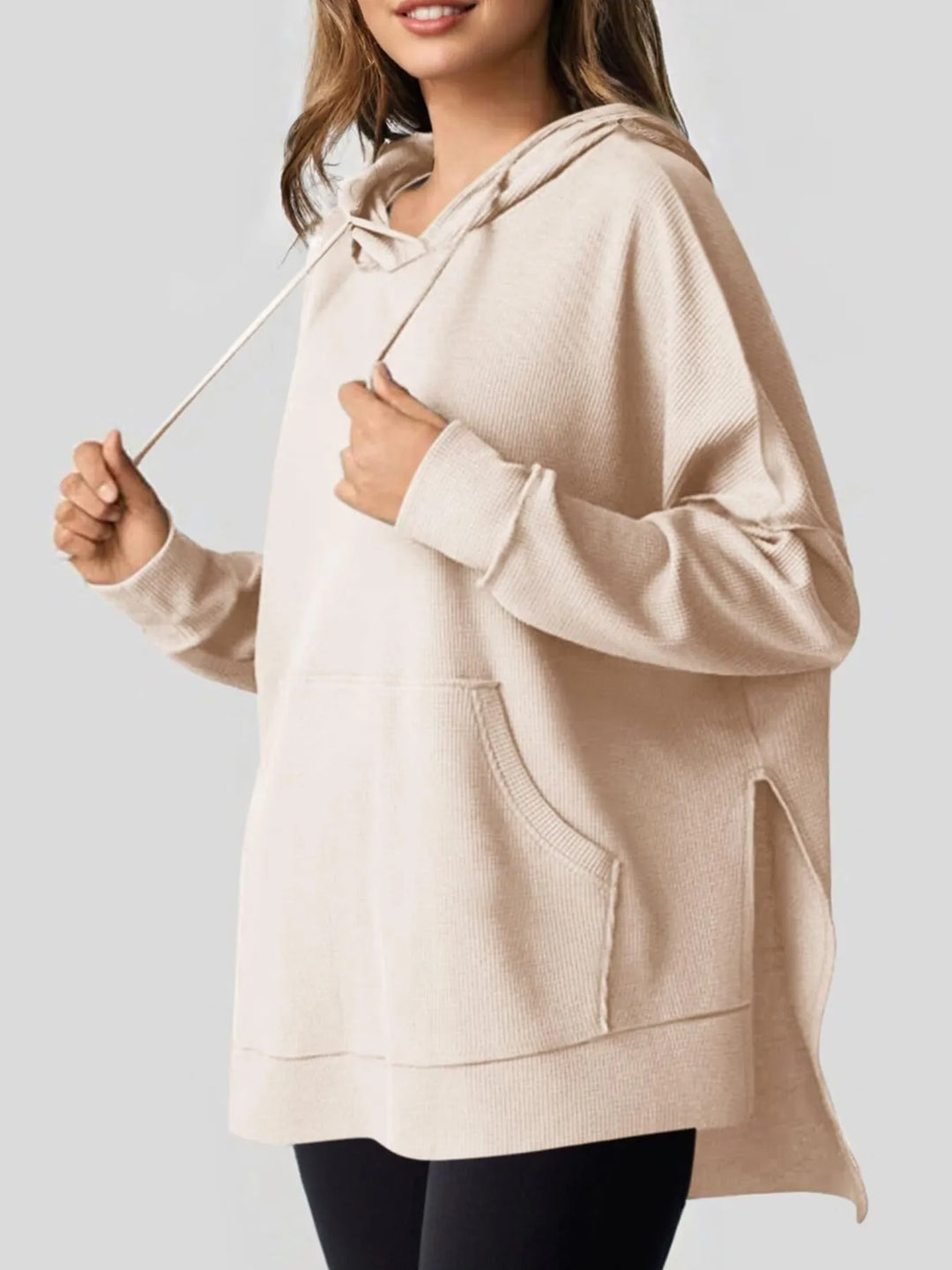 Slit Drawstring Waffle Knit Hoodie | Hoodies Daverri Fashions