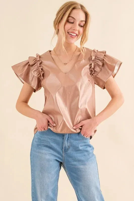 And The Why Faux Leather Ruffle Sleeves V Neck Top - DAVERRI FASHIONS
