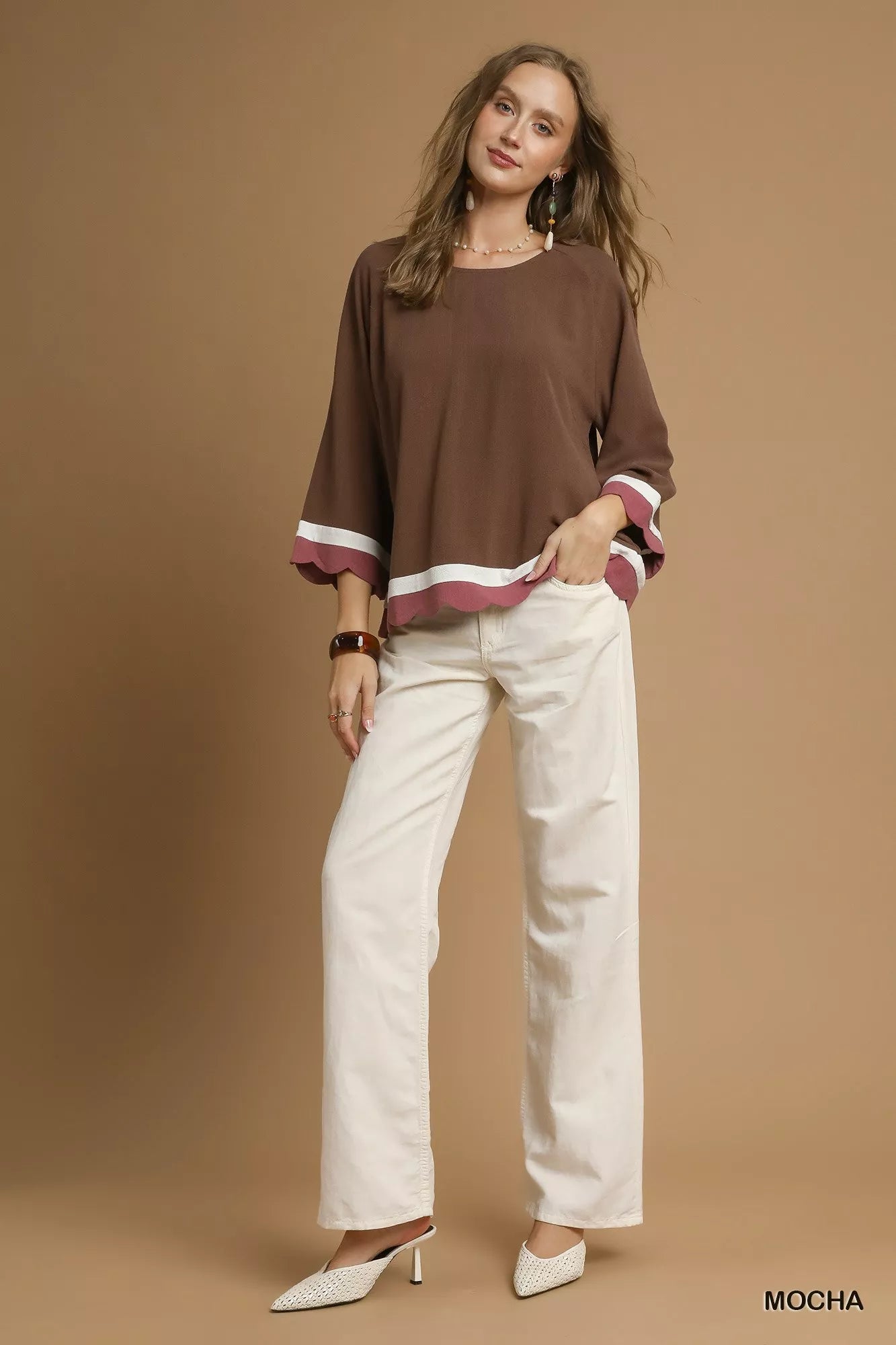 Umgee Scalloped Hem Color Block Top | Blouses Daverri Fashions