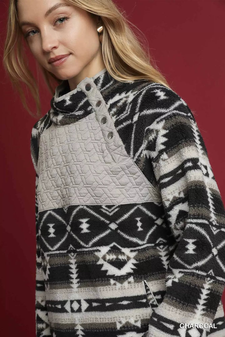 Umgee Aztec Print Sherpa Pullover | Tops Daverri Fashions