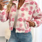 Pink floral patches fuzzy fleece zip-up jacket with 3D flowers