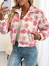 Pink floral patches fuzzy fleece zip-up jacket with 3D flowers