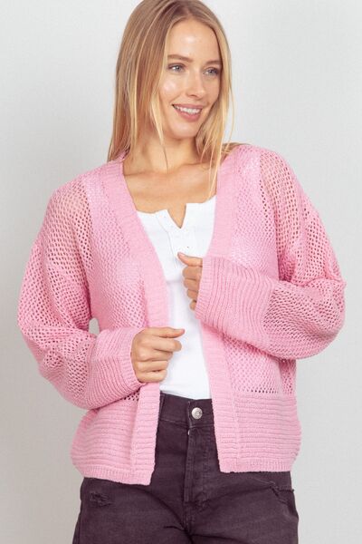 VERY J Eyelet Open Front Long Sleeve Cardigan PINK