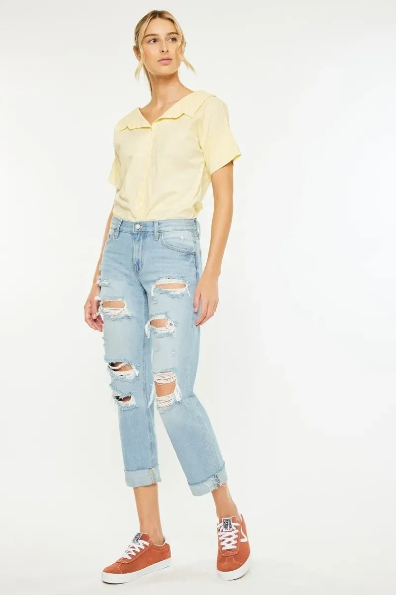 Kancan Mid Rise Distressed Boyfriend Jeans - DAVERRI FASHIONS