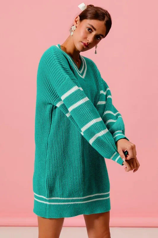 SO ME Loose V Neck Sweater Dress with Striped Sleeves