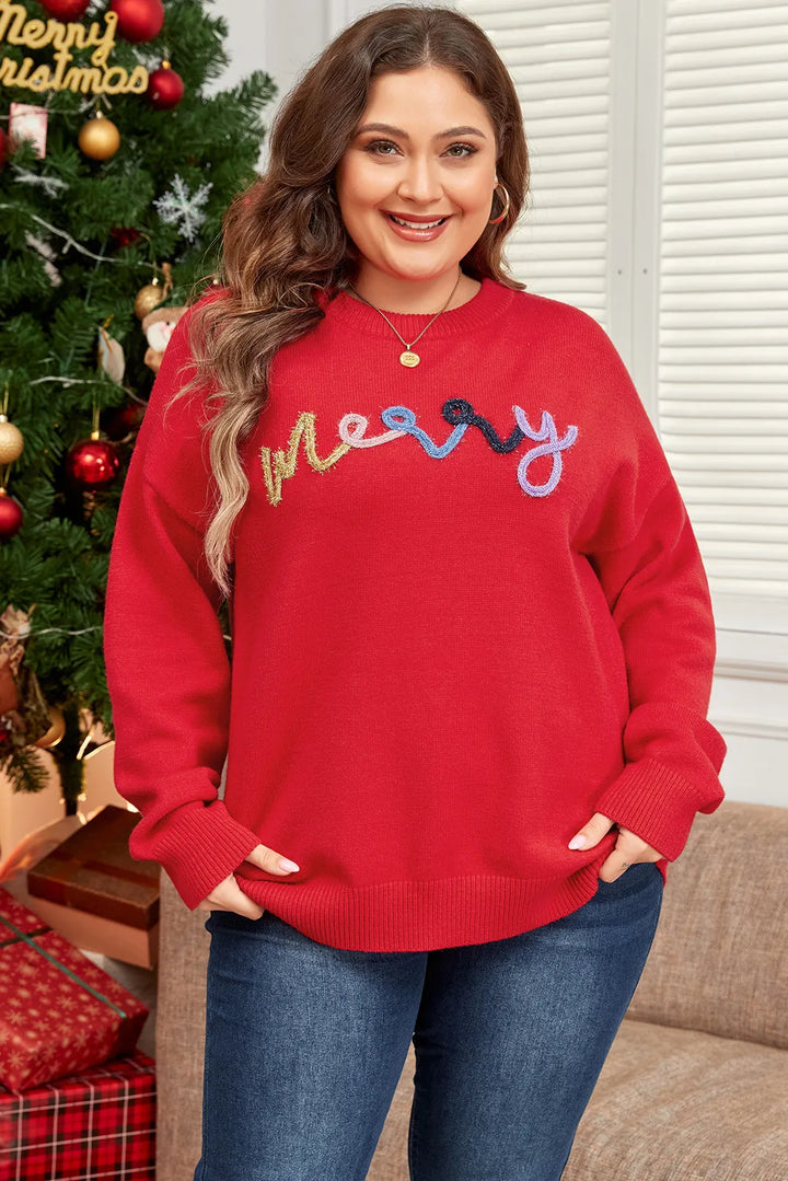Plus Size MERRY Round Neck Long Sleeve Sweater | Sweaters Daverri Fashions