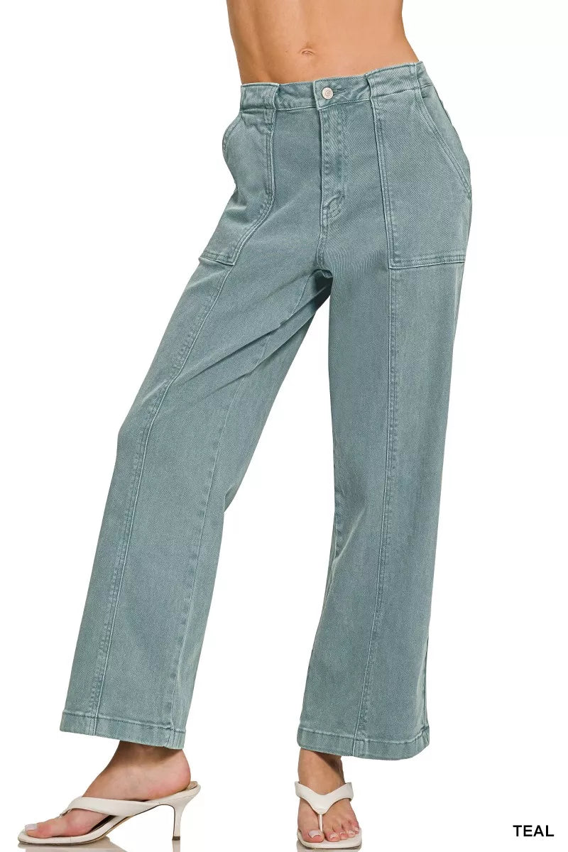 Teal high-rise Zenana straight leg utility pocket jeans with relaxed fit and visible stitching