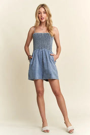 ADORA Smocked Spaghetti Strap Denim Romper | Rompers Daverri Fashions