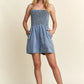 ADORA Smocked Spaghetti Strap Denim Romper Rompers