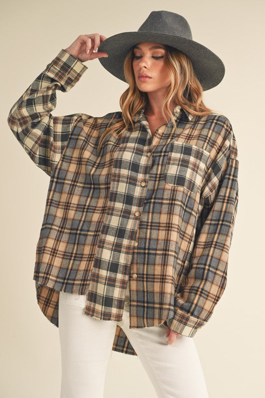 Aemi + Co Frayed Hem Plaid Button Up Flannel Shirt Oatmeal