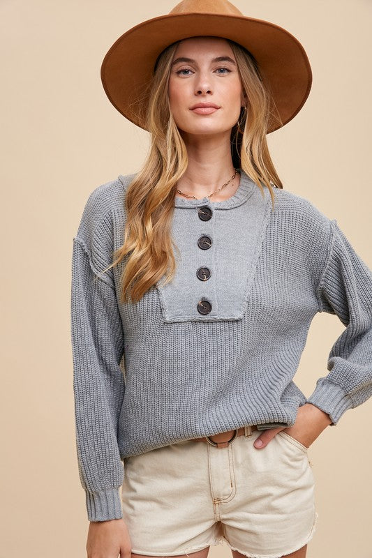 Annie Wear Half Button Ribbed Hem Sweater