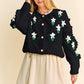 Black Davi & Dani knit cardigan with white green daisy embroidery