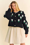 Black Davi & Dani knit cardigan with white green daisy embroidery