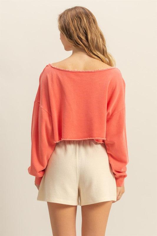 HYFVE Frayed Detail Boat Neck Long Sleeve Crop Top Tops