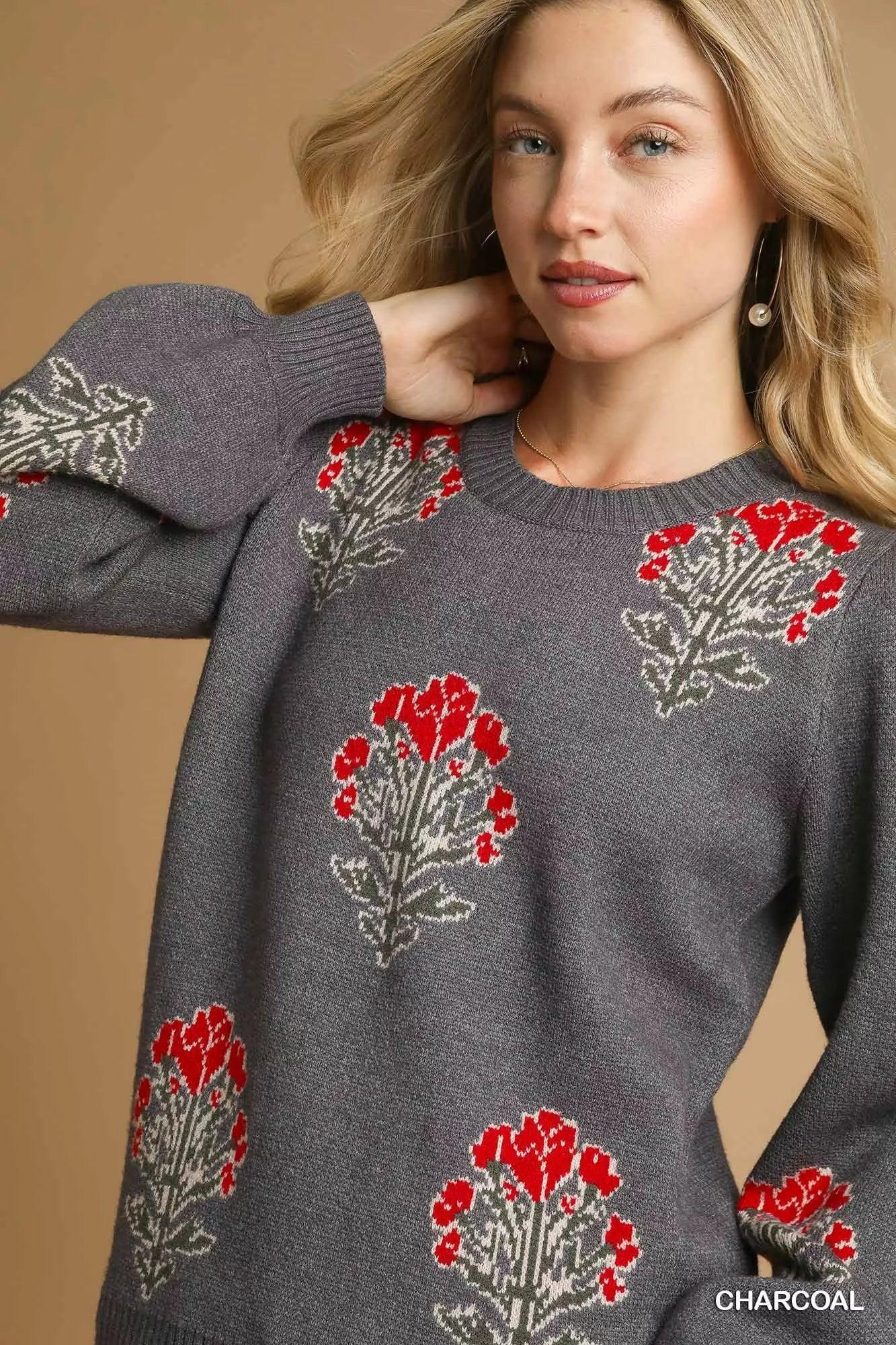 Umgee Single Flower Stem Jacquard Sweater - DAVERRI FASHIONS