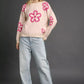Umgee Round Neck Sweater with Pink Floral Accents - DAVERRI FASHIONS