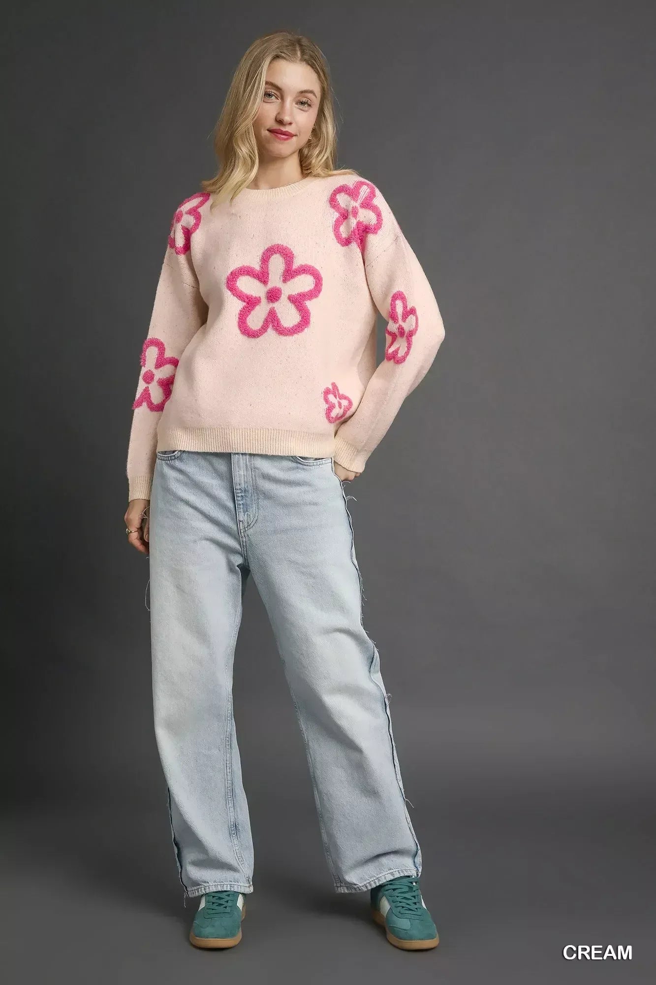 Umgee Round Neck Sweater with Pink Floral Accents - DAVERRI FASHIONS