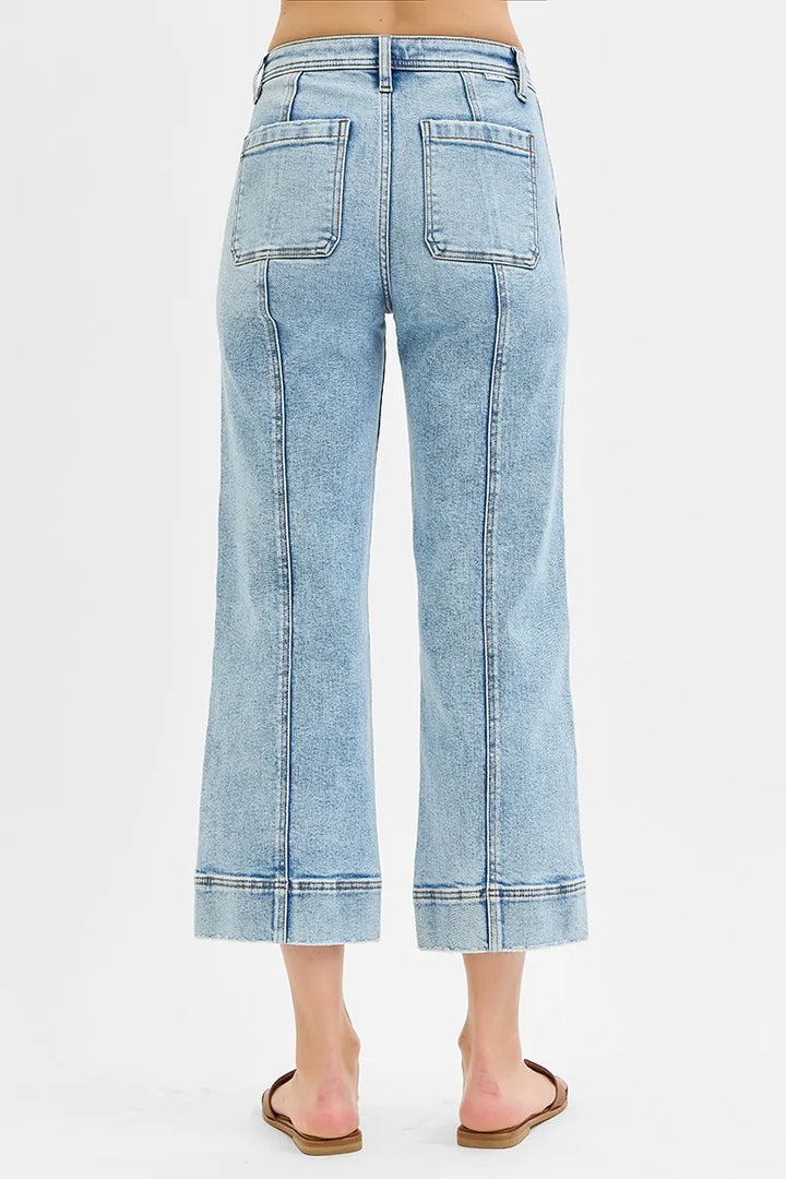 RISEN Full Size High Rise Crop Wide Front Seam Detailed Jeans Jeans