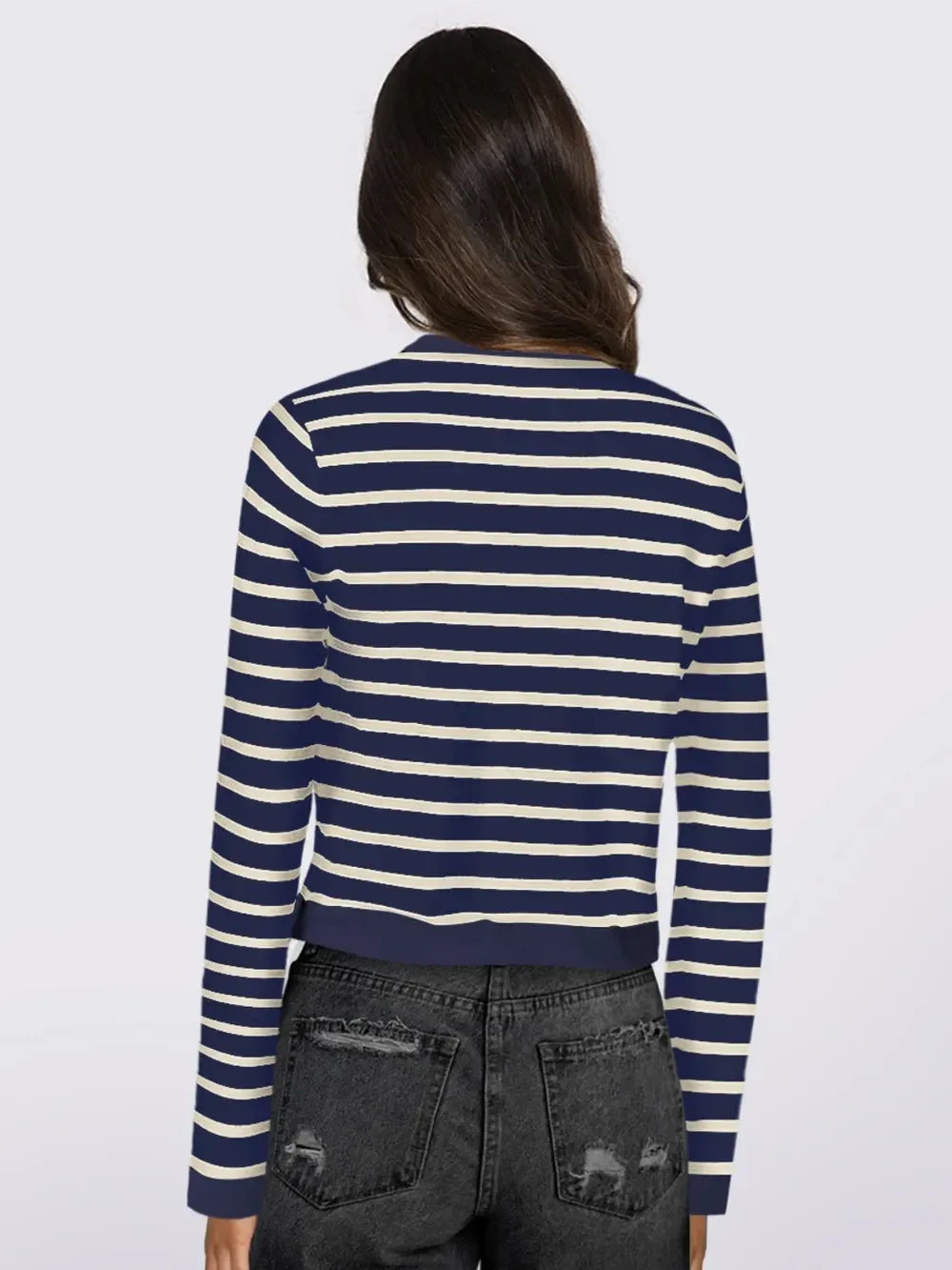 Striped Round Neck Button Up Long Sleeve Cardigan - DAVERRI FASHIONS