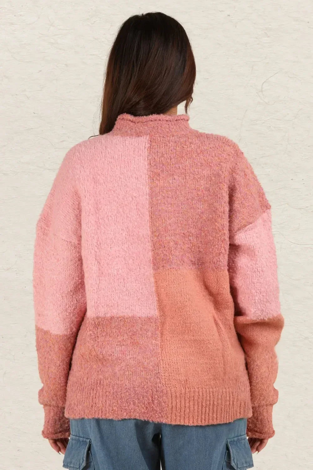 VERY J Color Block Mock Neck Drop Shoulder Sweater Pink - DAVERRI FASHIONS