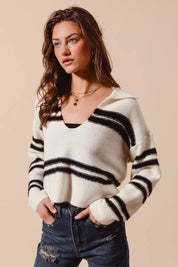 SO ME Fuzzy Hairy Stripe Deep U Neck Swetaer | Sweaters Daverri Fashions