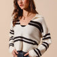 SO ME Fuzzy Hairy Stripe Deep U Neck Swetaer - DAVERRI FASHIONS