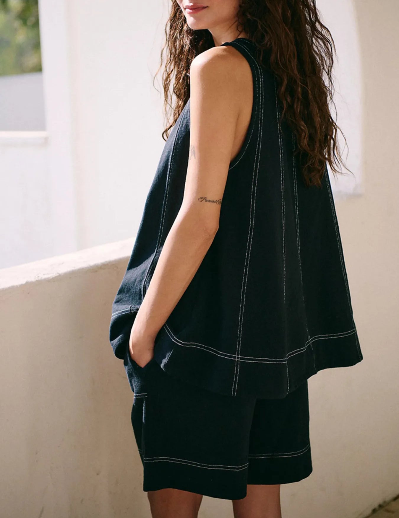 Casual Contrast Stitch Denim Tank Top and Shorts Set | Outfit Sets Daverri Fashions
