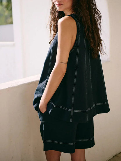 Casual Contrast Stitch Denim Tank Top and Shorts Set - DAVERRI FASHIONS
