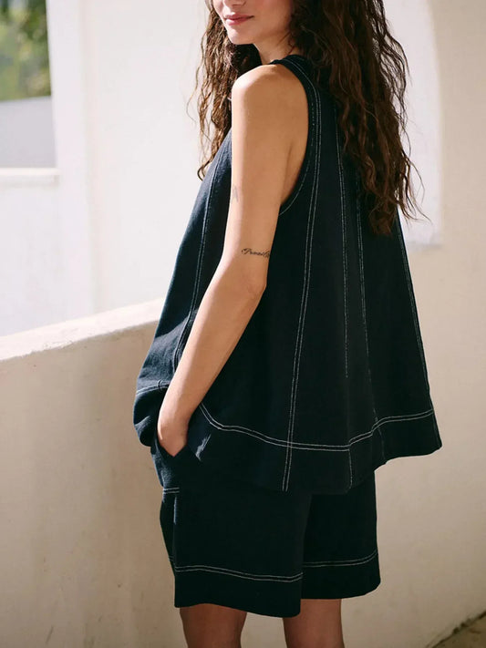 Casual Contrast Stitch Denim Tank Top and Shorts Set - DAVERRI FASHIONS
