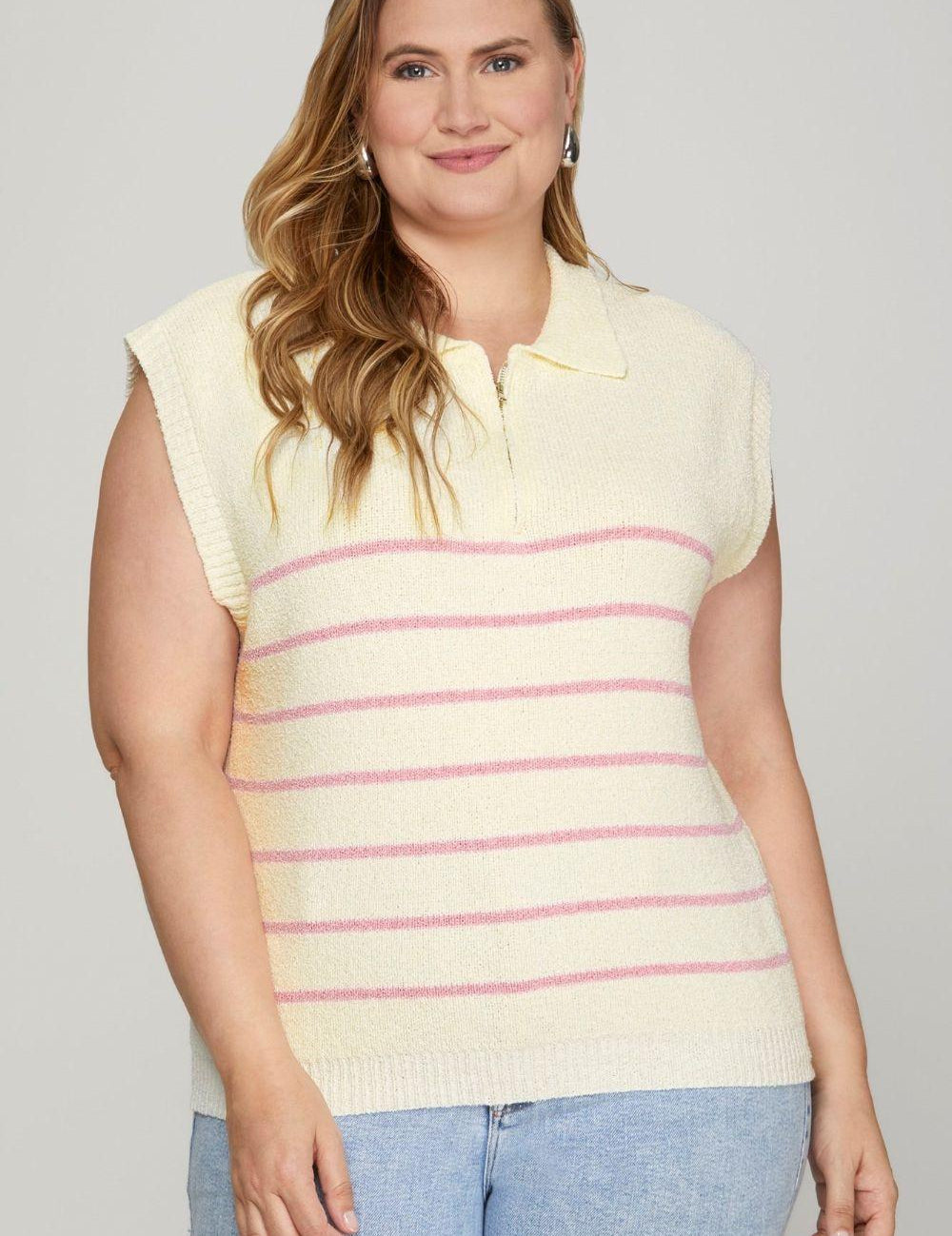 She + Sky Ribbed Hem Pink Striped Half Zip Sweater Vest | Sweaters Daverri Fashions
