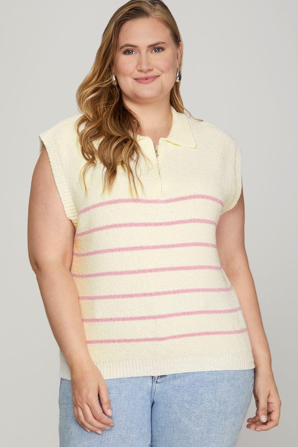 She + Sky Ribbed Hem Pink Striped Half Zip Sweater Vest | Sweaters Daverri Fashions