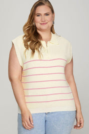 She + Sky Ribbed Hem Pink Striped Half Zip Sweater Vest | Sweaters Daverri Fashions