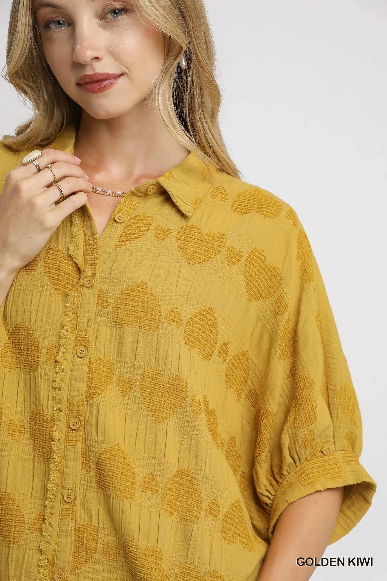 Umgee Jacquard Heart Collared Shirt Shirts