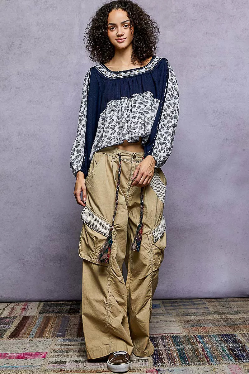 POL Paisley Scoop Neck Balloon Sleeve Cropped Blouse with Stud Detail | Daverri Fashions