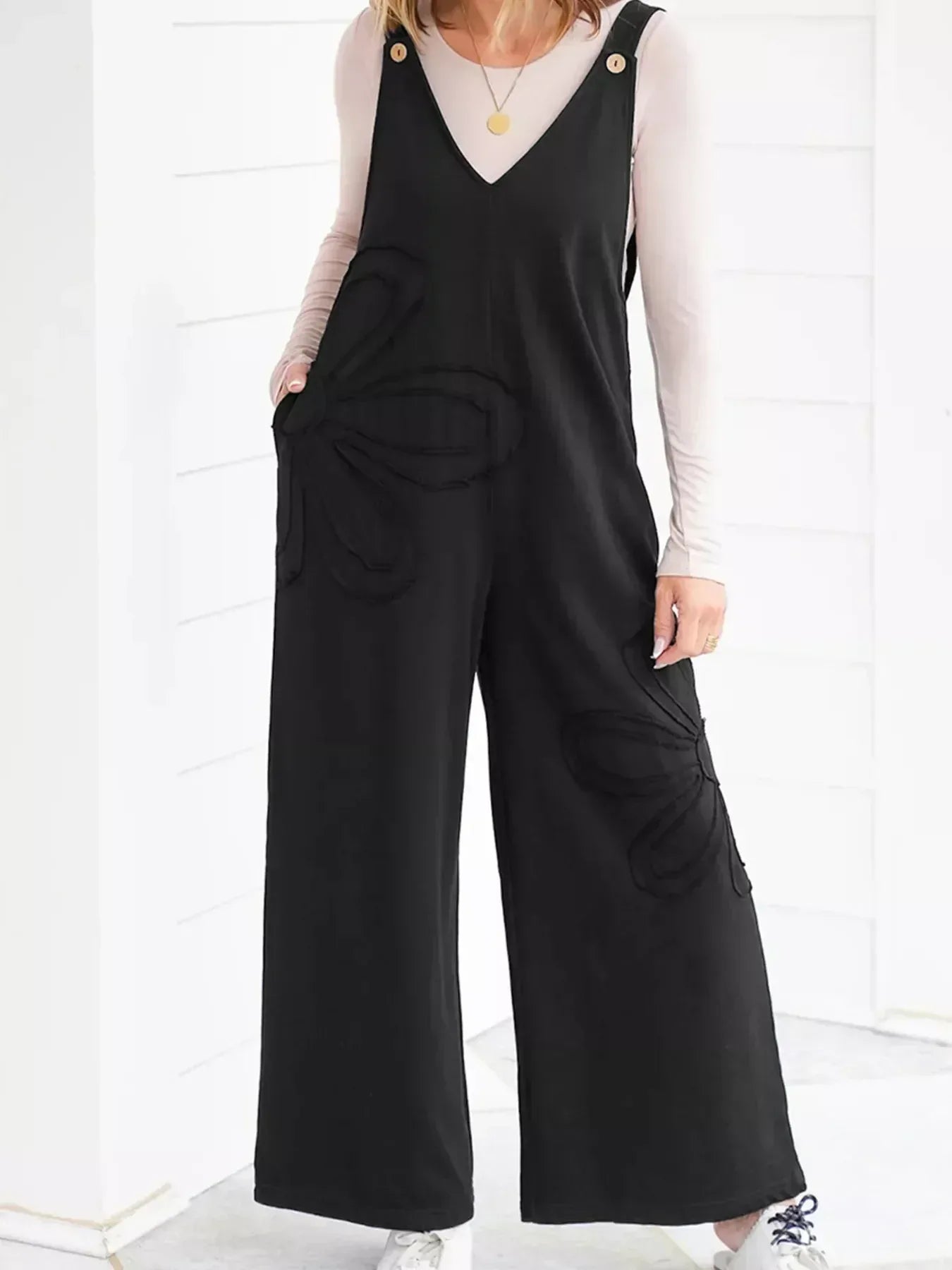 V-Neck Wide Leg Jumpsuit - DAVERRI FASHIONS