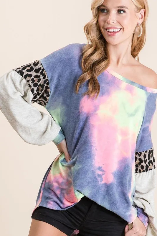 BiBi Tie Dye Terry Top with Contrast Puff Sleeves Tops