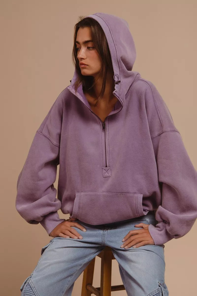 BiBi Stitch Detailed Elastic Hem Half Zip Fleece Hoodie | Hoodies Daverri Fashions