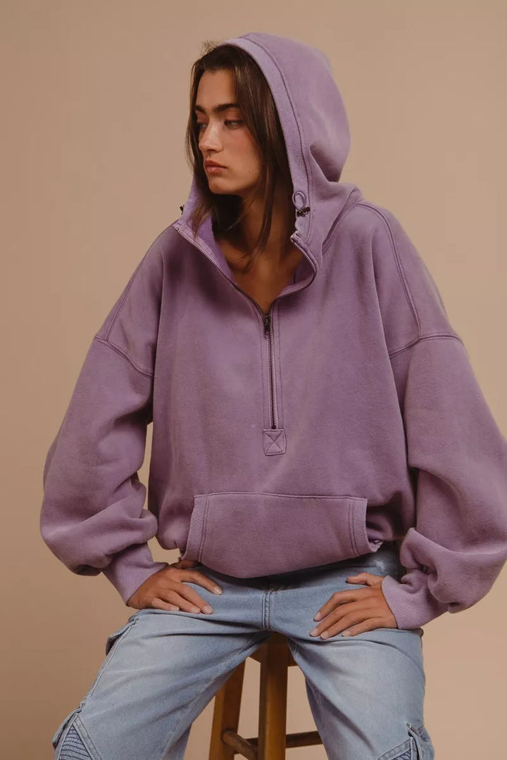 BiBi Stitch Detailed Elastic Hem Half Zip Fleece Hoodie | Hoodies Daverri Fashions