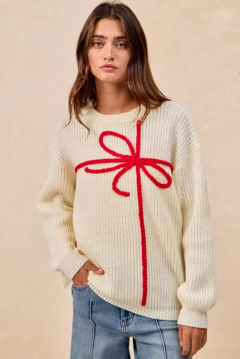 BiBi Christmas Ribbon Bow Embroidery Sweater | Sweaters Daverri Fashions