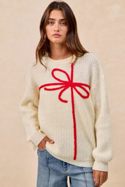BiBi Christmas Ribbon Bow Embroidery Sweater | Sweaters Daverri Fashions