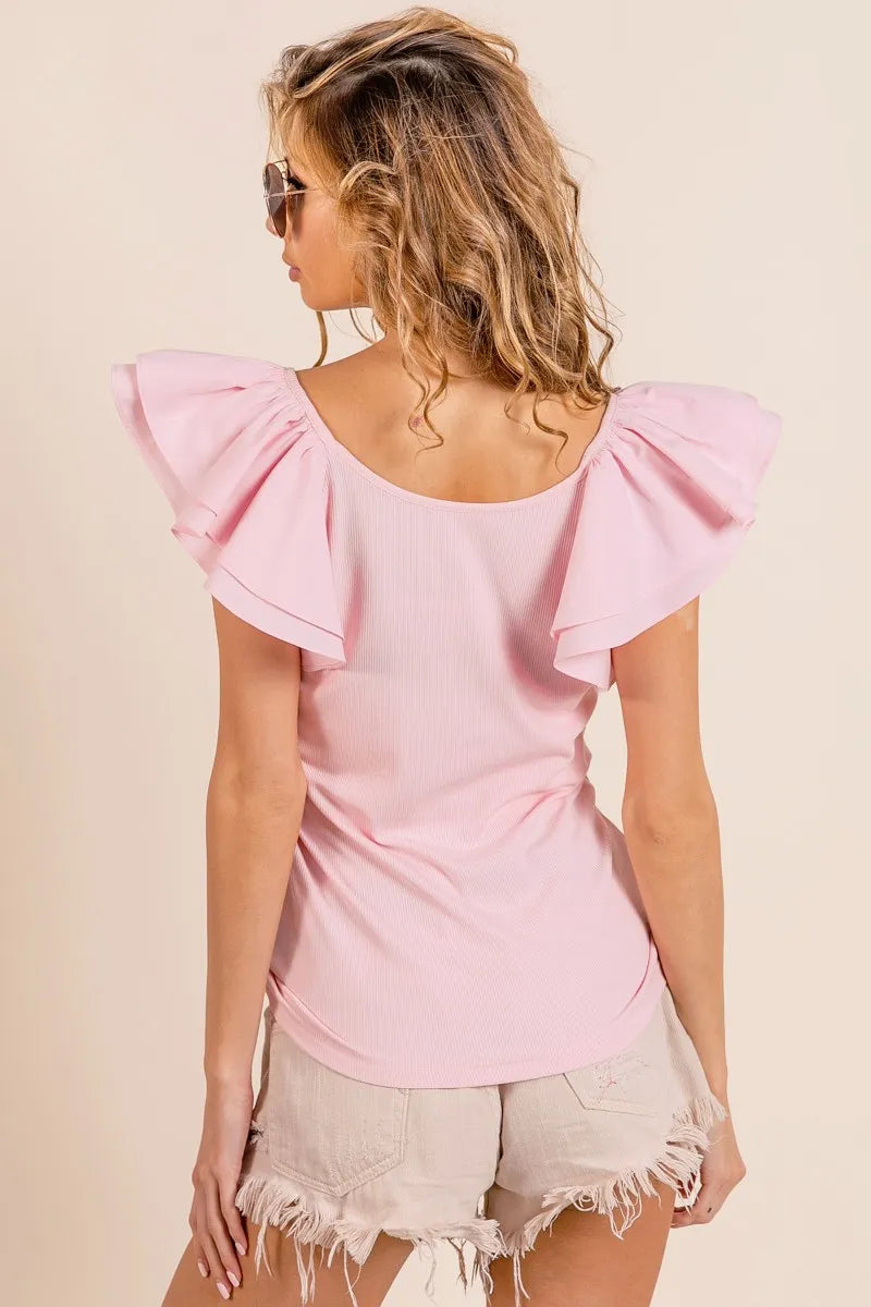 BiBi Wide Layered Ruffle Sleeve Scoop Neck Ribbed Top Tops