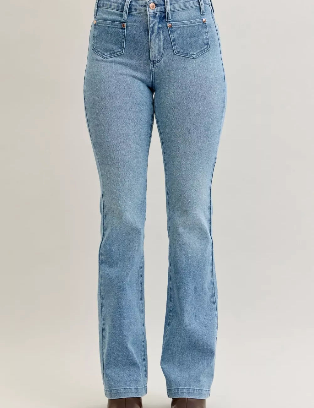 Light blue Judy Blue high-waisted bootcut jeans with button fly