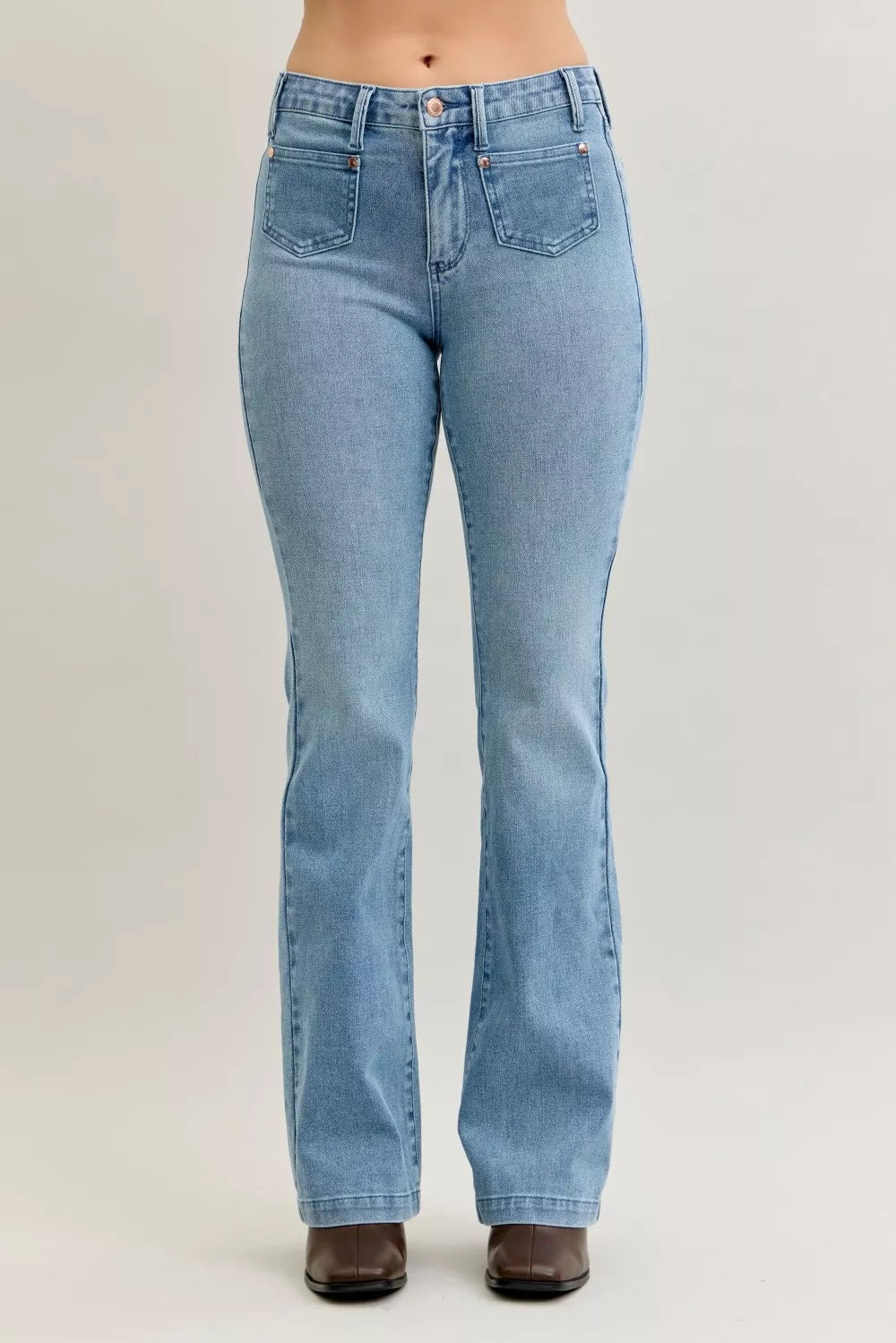 Light blue Judy Blue high-waisted bootcut jeans with button fly