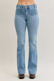Light blue Judy Blue high-waisted bootcut jeans with button fly
