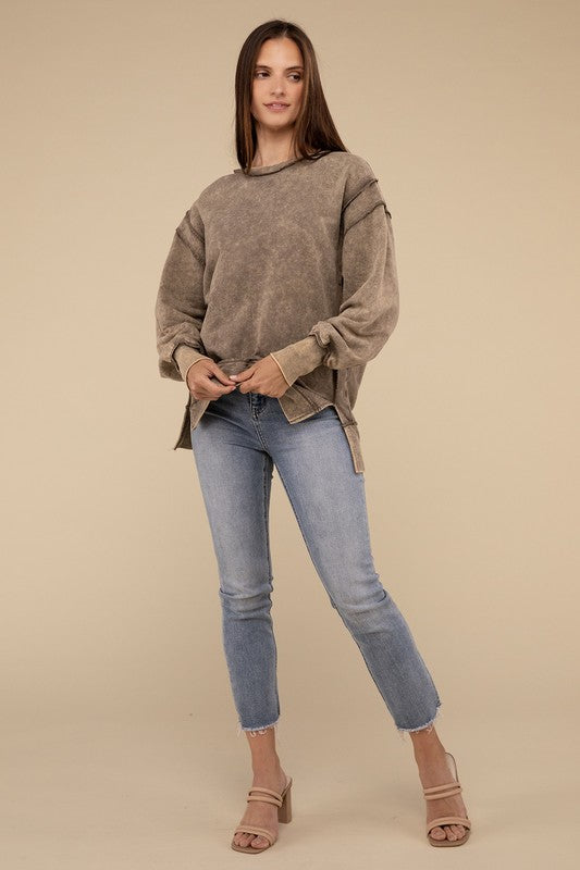 Acid Wash French Terry Exposed-Seam Sweatshirt Tops